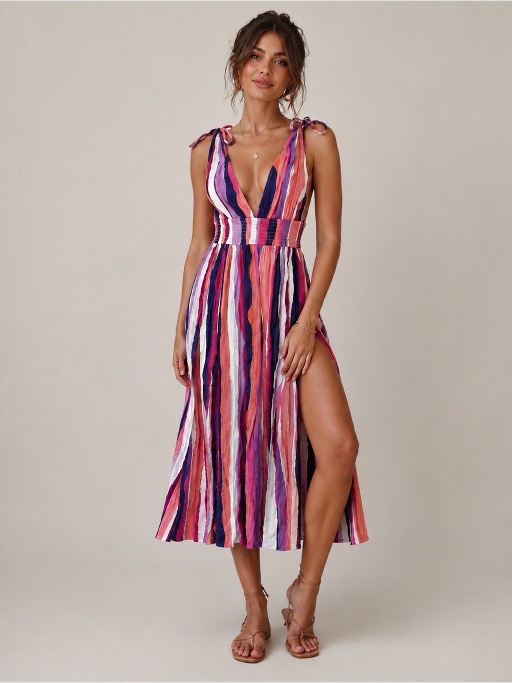 Forever 21 Multicolor Striped Tie Strap Midi Dress Size XS
